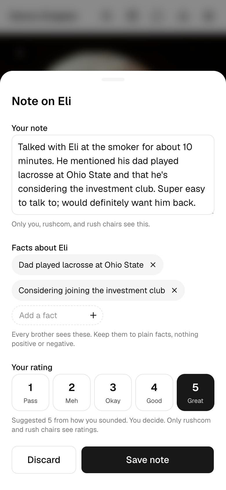 A voice note turned into a clean note with facts and a suggested rating